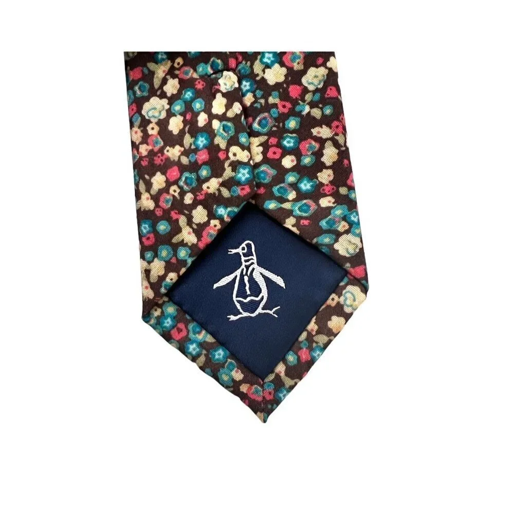 Original Penguin Mens Brown Colorful Floral Slim Cotton Neck Tie New